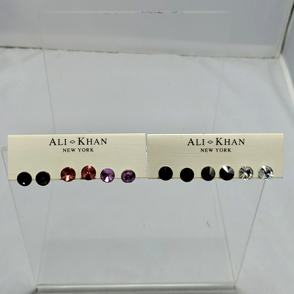 2 /$12 Ali khan 2 PKS of rhinestone trio earrings black, gray, fuschia, red,wine